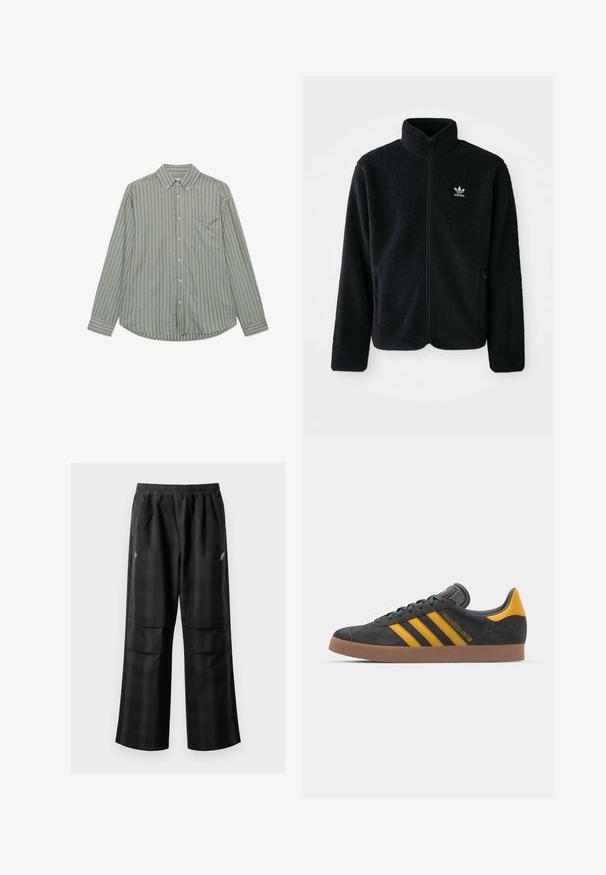 Melns flīsa mētelis ar augstu apkakli, ar rāvējslēdzēju priekšā un priekšējiem kabatām. Iezīmē ar teksturētu audumu un mazu baltu logo uz kreisā krūtīm.; Olīvzaļas garām piedurknēm pogājamās krekls ar vertikālām baltām svītrām, standarta apkakle un krūšu kabata kreisajā pusē.; Melnas kvadrātveida bikses ar elastīgu jostu, divām priekšējām kabatām un brīvu piegriezumu ar taisnām kājām. Izgatavotas no viegla materiāla.; Melnas zamšādas kedas ar dzelteniem akcentiem, kurām ir trīs svītras un brūna gumijas zole. Iekļauta mīksta valkāšanas tongue komfortam.