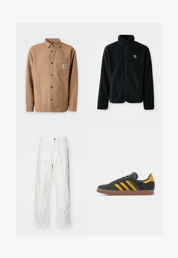 Črna flis jakna z visokim ovratnikom, z zadrgo spredaj in sprednjimi žepi. Ima strukturno blago in majhno belo logo na levi strani prsnega koša.; Rjava flanelska srajca z gumbnim zapiranjem, dolgimi rokavi, enim žepom na prsih z logotipom in črnimi gumbi. Mehka tekstura.; Bela bombažna cargo hlače z udobnim krojem. Značilnosti vključujejo sprednje žepe, zlato poudarjeno kovinsko opremo in ojačane kolenske dele.; Črne semiš tene z rumenimi akcenti, ki vsebujejo tri trakove in rjavo gumo podplat. Vključujejo oblazinjeno jezik za udobje.