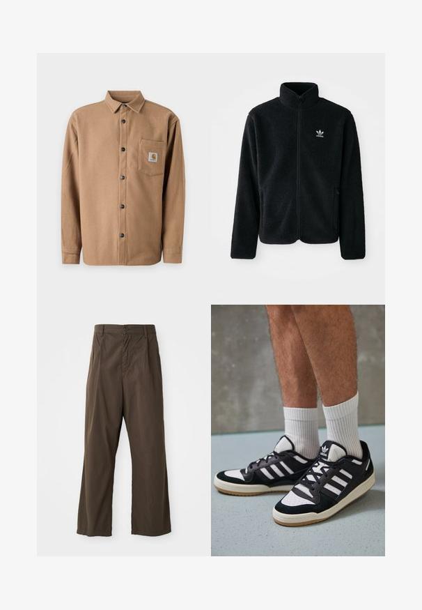 Zwarte fleece jacket met hoge kraag, ritssluiting aan de voorkant en voorzakken. Kenmerkt zich door textuurstof en een klein wit logo op de linkerborst.; Bruine flanellen overhemd met een knoopsluiting, lange mouwen, een enkel borstzakje met logo patch, en zwarte knopen. Zachte textuur.; Bruine, wijde broek van katoen met een knoopsluiting aan de voorkant, ceintuurlussen en een gladde, matte textuur.; Zwart-witte sneakers met een bovenwerk van suede en leer, voorzien van drie witte strepen, een geperforeerde neus en een rubberen gumzool.
