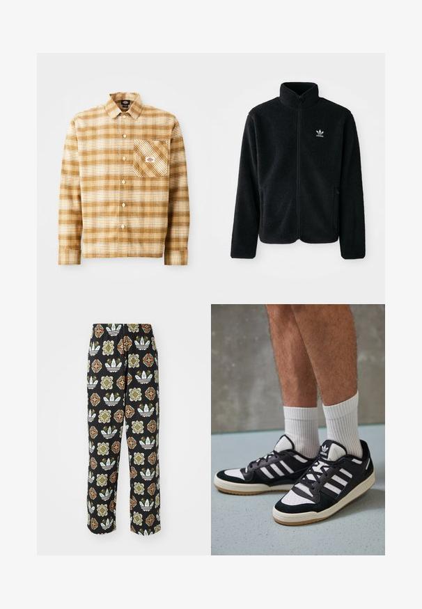 Črna flis jakna z visokim ovratnikom, z zadrgo spredaj in sprednjimi žepi. Ima strukturno blago in majhno belo logo na levi strani prsnega koša.; Rjava in smetana karirasta srajca z dolgimi rokavi, izdelana iz strukturiranega blaga, s prsno žeppo in zapiranjem na gumb, ki ima na žeppi nalepko.; Črne hlače z zapletenim vzorcem različnih oblik, vključno s cvetličnimi motivi in črtami v oranžni, zeleni in beli barvi.; Črno-bele superge z zgornjim delom iz usnja in nubuka, ki imajo tri bele črte, perforiran vrh prstov in podplat iz gume.