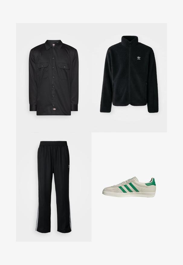 Zwarte fleece jacket met hoge kraag, ritssluiting aan de voorkant en voorzakken. Kenmerkt zich door textuurstof en een klein wit logo op de linkerborst.; Zwarte jurk met lange mouwen gemaakt van gladde stof, met een knoopsluiting aan de voorkant, twee borstzakken en een logo aan de zoom.; Zwarte sportbroeken met een elastische tailleband, voorzien van witte zijkanten en een klein logo. Het materiaal lijkt zacht en lichtgewicht te zijn.; Beige sneaker met groene strepen, voorzien van een witte zool en een bovenkant van glad leer. Zijaanzicht dat de veters en het logo benadrukt.