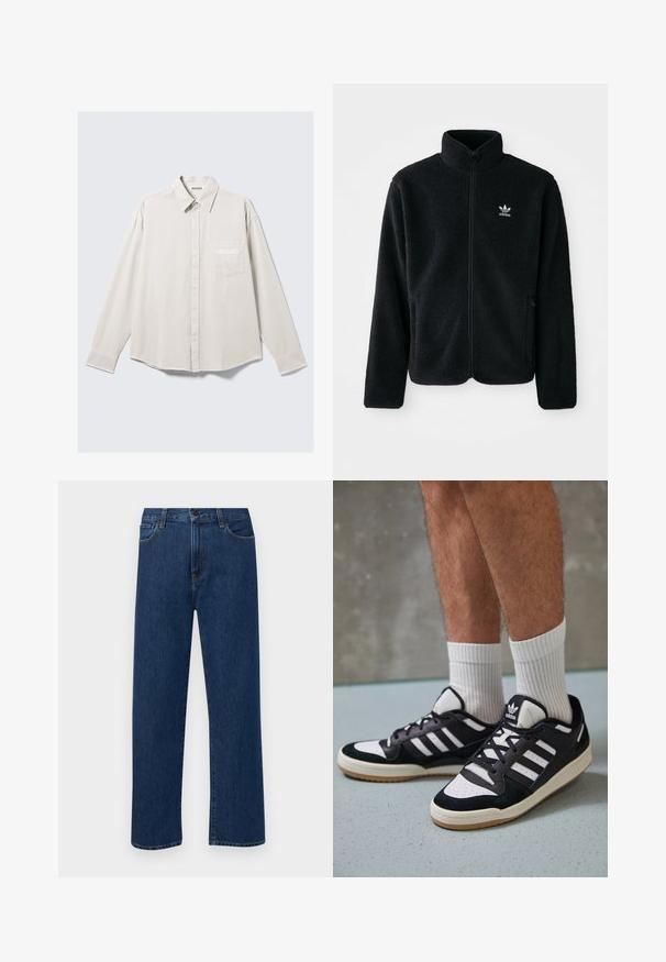 Giacca in pile nera con colletto alto, chiusura zip frontale e tasche anteriori. Presenta un tessuto testurizzato e un piccolo logo bianco sul lato sinistro del petto.; Camicia button-up beige a maniche lunghe con colletto e taschino sul petto, con delicata ricamatura "ATHLETIX DEPT".; Jeans in denim di un blu scuro a gamba dritta con tasche anteriori e chiusura con bottone, esposti su uno sfondo bianco semplice.; Sneaker bianco e nero con tomaia in suede e pelle, caratterizzati da tre strisce bianche, punta perforata e suola in gomma naturale.
