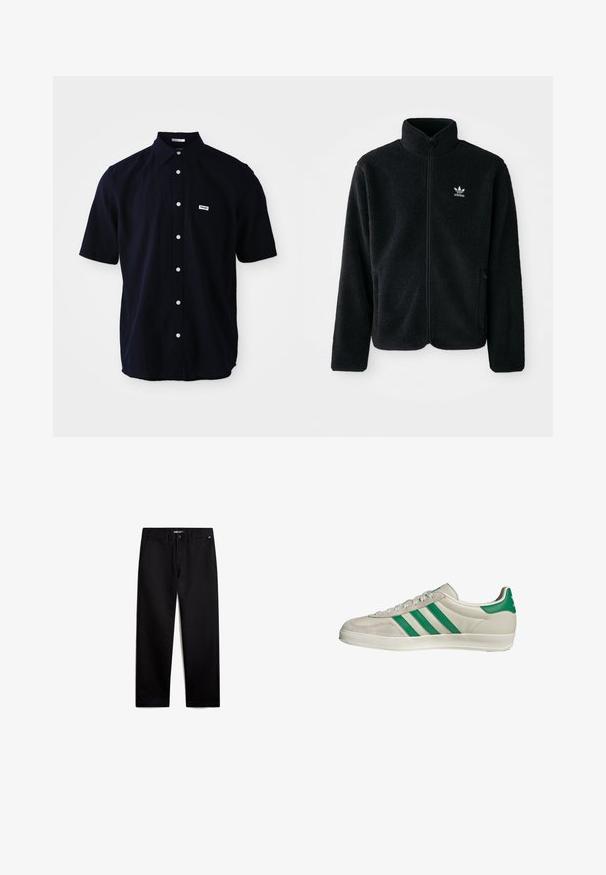 Giacca in pile nera con colletto alto, chiusura zip frontale e tasche anteriori. Presenta un tessuto testurizzato e un piccolo logo bianco sul lato sinistro del petto.; Camicetta in tessuto leggero, a maniche corte e di colore blu navy scuro. Presenta un colletto classico, una tasca applicata e bottoni bianchi.; Pantaloni in cotone nero con vestibilità dritta, chiusura zip e tasche frontali. Tessuto liscio, senza motivi visibili e hardware minimale.; Sneaker beige con strisce verdi, con suola bianca e tomaia in pelle liscia. Vista laterale che evidenzia i dettagli dei lacci e il logo.