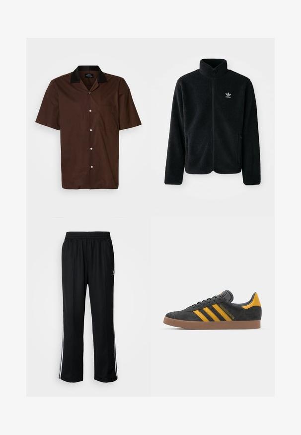 Casaco de fleece preto com gola alta, fecho de correr à frente e bolsos frontais. Apresenta um tecido texturizado e um pequeno logo branco no lado esquerdo do peito.; Camisa de manga curta em tecido castanho escuro com colarinho preto. Apresenta um único bolso no peito e botões brancos à frente.; Calças atléticas pretas com um cós elástico, apresentando riscas brancas laterais e um pequeno logótipo. O material parece macio e leve.; Tenis em camurça preta com detalhes amarelos, apresentando três riscas e uma sola de borracha castanha. Inclui uma língua acolchoada para maior conforto.