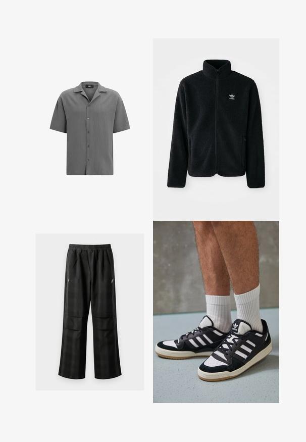 Crna fleec jakna s visokim ovratnikom, prednjim zatvaračem i prednjim džepovima. Ima teksturirani materijal i mali bijeli logo na lijevoj strani prsnog koša.; Košulja s kratkim rukavima, na dugme, od teksturirane sive tkanine. Ima izrezani ovratnik i horizontalni rebrasti uzorak s pet dugmadi sprijeda.; Crne karirane hlače s elastičnom urezom, dva prednja džepa i ležernim krojem s ravnim nogavicama. Izrađene su od laganog materijala.; Crne i bijele tenisice s gornjim dijelom od antilopa i kože, s tri bijele pruge, perforiranim prstom i gumiranim potplatom.