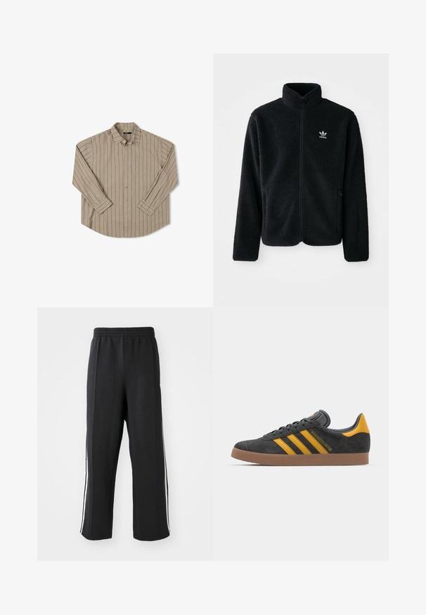 Svart fleecejakke med høy krage, glidelås foran og frontlommer. Har strukturert stoff og liten hvit logo på venstre bryst.; Beige langermet skjorte med vertikale striper, enkel brystlomme, nedbrettbar krage, og avrundet kant. Glatt stofftekstur.; Svart joggebukse med elastisk midjebånd, med hvite sidestreker og avslappet passform. Laget av myk, elastisk stoff.; Sort skinnesko i svart semsket skinn med gule detaljer, med tre striper og en brun gummisåle. Inkluderer en polstret tunge for komfort.
