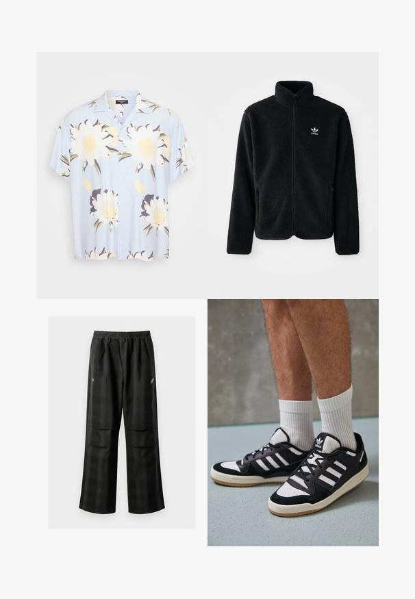 Fekete bolyhos dzseki magas gallérral, cipzáros elejével és elülső zsebeivel. Texturált anyaga és kis fehér logója van a bal mellen.; Világoskék, rövid ujjas ing, nagyméretű fehér és sárga virágmintával, gombos elülső résszel, klasszikus gallérral és laza szabással.; Fekete kockás nadrág, rugalmas derékkal, két elülső zsebbel és laza, egyenes szárú fazonnal. Könnyű anyagból készült.; Fekete-fehér tornacipők velúr és bőr felsőrésszel, három fehér csíkkal, perforált orral és gumi talppal.