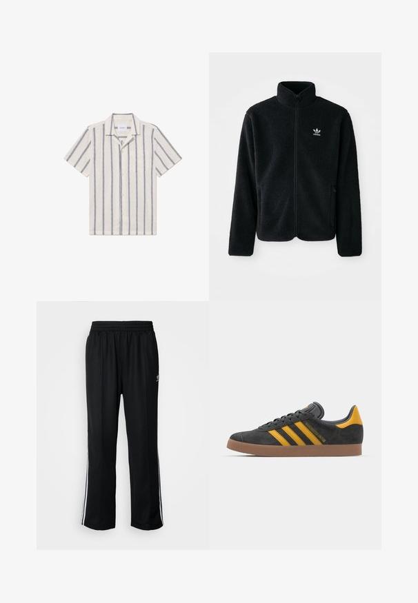 Schwarze Fleecejacke mit hohem Kragen, durchgehendem Reißverschluss und Fronttaschen. Verfügt über strukturiertes Material und ein kleines weißes Logo auf der linken Brust.; Kurzarmhemd aus leichtem beige Stoff mit dunkelblauen vertikalen Streifen, mit einer durchgehenden Knopfleiste und einer Brusttasche.; Schwarze Sporthosen mit elastischem Bund, ausgestattet mit weißen Seitenstreifen und einem kleinen Logo. Das Material wirkt weich und leicht.; Schwarze Wildledersneaker mit gelben Akzenten, ausgestattet mit drei Streifen und einer braunen Gummisohle. Enthält eine gepolsterte Zunge für zusätzlichen Komfort.