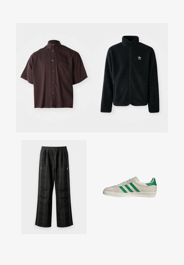 Zwarte fleece jacket met hoge kraag, ritssluiting aan de voorkant en voorzakken. Kenmerkt zich door textuurstof en een klein wit logo op de linkerborst.; Korte mouwen, gekomapotte blouse in diep bordeaux. Voorzien van knopen aan de voorkant en een enkele borstzak. Glad stof met een ontspannen pasvorm.; Zwarte geruite broek met een elastische tailleband, twee voorzakken en een losse pasvorm met een rechte pijpdesign. Gemaakt van lichtgewicht materiaal.; Beige sneaker met groene strepen, voorzien van een witte zool en een bovenkant van glad leer. Zijaanzicht dat de veters en het logo benadrukt.