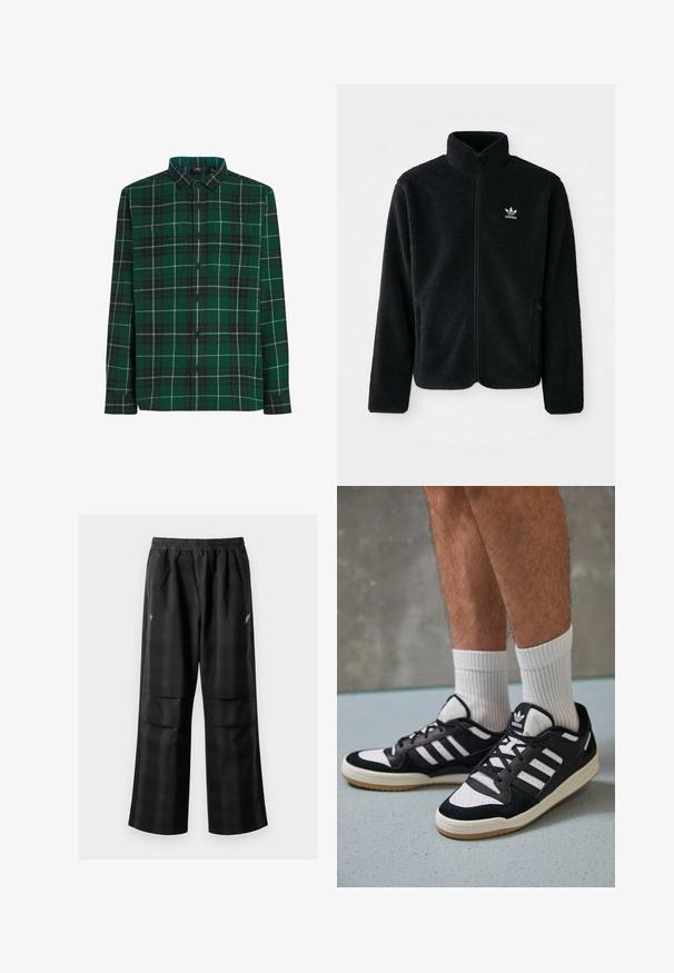 Czarna polarowa kurtka z wysokim kołnierzem, zamek z przodu i kieszeniami z przodu. Posiada teksturowany materiał i małe białe logo na lewej piersi.; Zielona koszula zapinana na guziki w kratkę, z kieszeniami z przodu i kołnierzykiem. Wykonana z tkaniny o miękkiej fakturze.; Czarne spodnie w kratę z elastycznym pasem, dwoma przednimi kieszeniami i luźnym krojem ze prostymi nogawkami. Wykonane z lekkiego materiału.; Czarno-białe sneakersy z zamszową i skórzaną cholewką, z trzema białymi paskami, perforowanym czubkiem i gumową podeszwą w kolorze gumy.