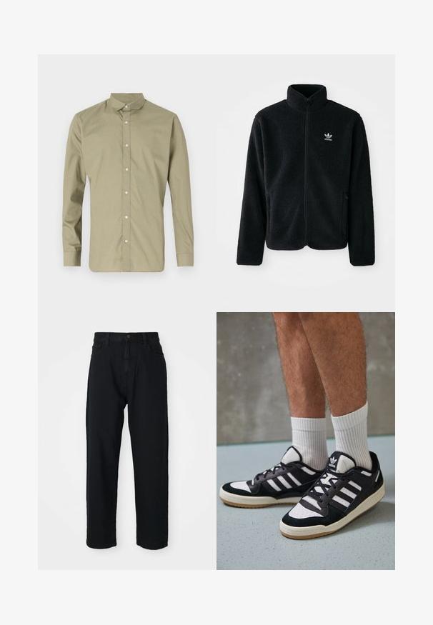 Svart fleecejakke med høy krage, glidelås foran og frontlommer. Har strukturert stoff og liten hvit logo på venstre bryst.; Olivenfarget skjorte med knappestolpe, spiss krage, lange ermer og en glatt tekstur, med klare plastknapper i front.; Sorte denimbukser med rette ben. Har klassisk fem-lomme-design, knappeåpning og subtilt stoffmønster.; Sorte og hvite sneakers med overdel i semsket skinn og lær, med tre hvite striper, perforert tå og en såle av gummi.