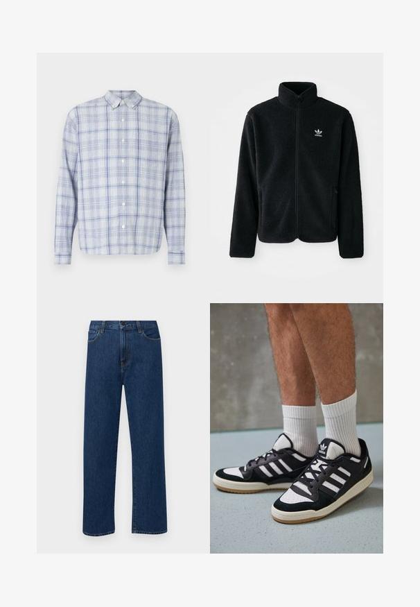 Melns flīsa mētelis ar augstu apkakli, ar rāvējslēdzēju priekšā un priekšējiem kabatām. Iezīmē ar teksturētu audumu un mazu baltu logo uz kreisā krūtīm.; Gara piedurkņu pogājama krekls gaiši zila un balta šaha rakstā. Iespējamais klassiskais apkakle un mīksta, teksturēta auduma.; Tumši zilas taisnas kājas denim bikses ar priekšējām kabatām un pogu aizdari, izvietotas uz vienkārša baltā fona.; Melnas un baltas kedas ar zamša un ādas augšdaļu, kas aprīkotas ar trim baltām svītrām, perforētu purngali un gumijas zolēm.