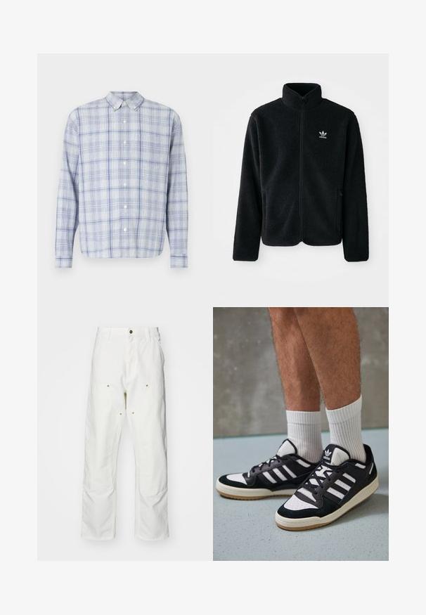Svart fleecejakke med høy krage, glidelås foran og frontlommer. Har strukturert stoff og liten hvit logo på venstre bryst.; Langermet skjorte med knapper i lyseblå og hvit rutet mønster. Har klassisk krage og myk, teksturert stoff.; Hvite bomullscargo bukser med avslappet passform. Funksjoner inkluderer frontlommer, gullfargede detaljer og forsterkede knepartier.; Sorte og hvite sneakers med overdel i semsket skinn og lær, med tre hvite striper, perforert tå og en såle av gummi.