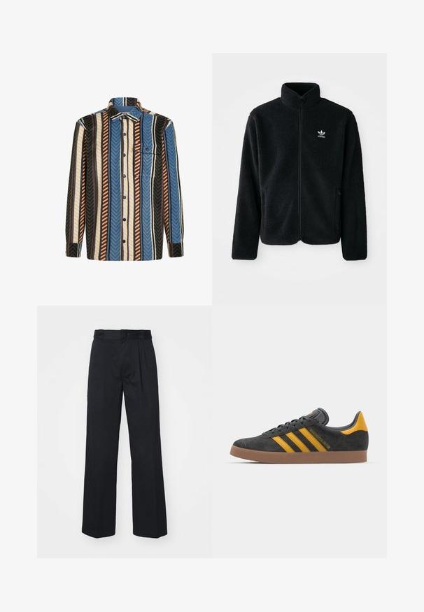 Schwarze Fleecejacke mit hohem Kragen, durchgehendem Reißverschluss und Fronttaschen. Verfügt über strukturiertes Material und ein kleines weißes Logo auf der linken Brust.; Langärmliges Hemd mit Knopfleiste und vertikalen Streifen in Blau, Braun, Weiß und Schwarz, ausgestattet mit einer aufgesetzten Brusttasche mit Knopfklappe.; Schwarze weit geschnittene Hose aus gewebtem Stoff mit flacher Vorderseite, Gürtelschlaufen und Seitentaschen, die über eine glatte Textur verfügen.; Schwarze Wildledersneaker mit gelben Akzenten, ausgestattet mit drei Streifen und einer braunen Gummisohle. Enthält eine gepolsterte Zunge für zusätzlichen Komfort.