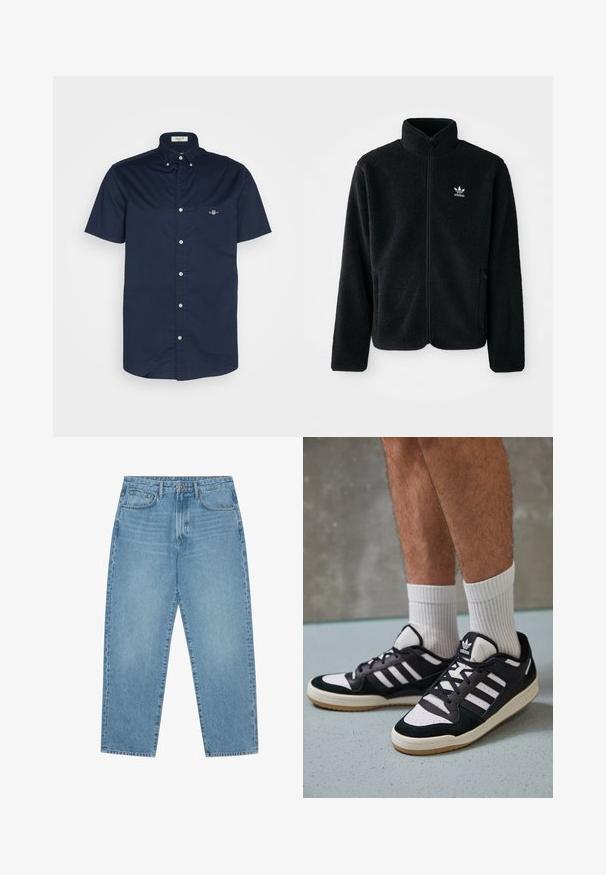Chupa de forro polar negro con cuello alto, cierre frontal y bolsillos delanteros. Presenta tela texturizada y un pequeño logo blanco en el lado izquierdo del pecho.; Camisa de botones de manga corta en algodón de color azul marino, con un bolsillo que tiene un pequeño logo y un cuello extendido con cierres de botón.; Jeans de denim azul claro de pierna ancha con cintura alta, que cuentan con cinco bolsillos, trabillas para cinturón y una textura suave y ligeramente deslavada.; Zapatillas en blanco y negro con parte superior de ante y cuero, que presentan tres franjas blancas, una puntera perforada y una suela de goma.