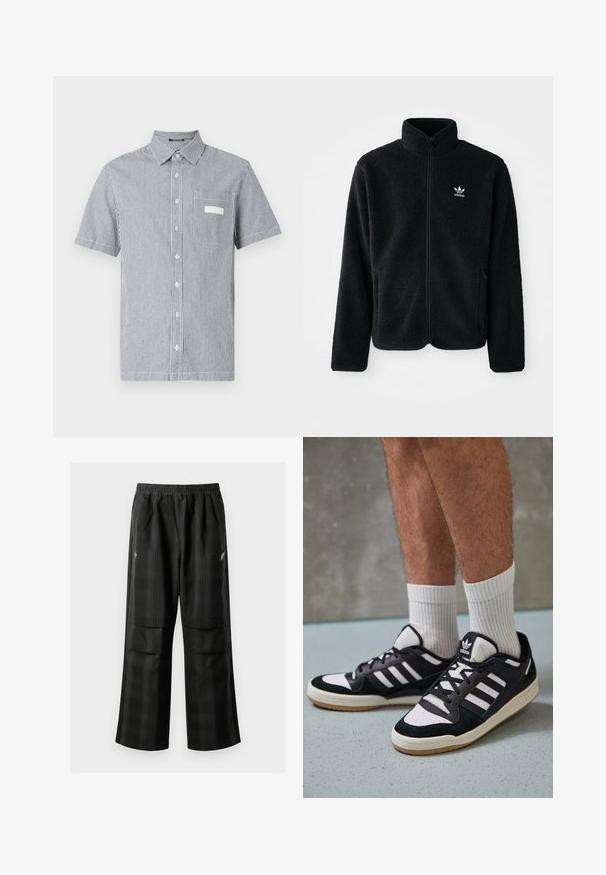 Jachetă din fleece neagră cu guler înalt, fermoar pe față și buzunare frontale. Caracteristici ale materialului texturat și un mic logo alb pe pieptul stâng.; Cămașă cu mâneci scurte, cu un model în dungi albastre și albe, având un buzunar pe piept și un guler clasic. Fabricată dintr-un material ușor.; Pantaloni cu un model carourile negre, având talie elastică, două buzunare frontale și un croi lejer cu picioare drepte. Construiți dintr-un material ușor.; Adidași negri și albi cu un superior din suede și piele, prevăzuți cu trei dungi albe, un vârf perforat și o talpă din cauciuc caramel.