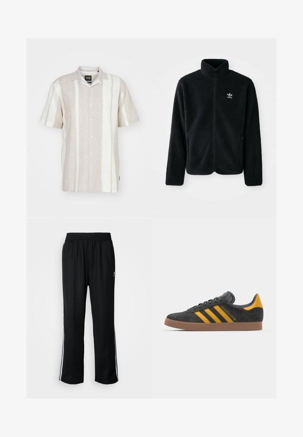 Black fleece jacket with high collar, zip front, and front pockets. Features textured fabric and small white logo on left chest.; Short-sleeve linen shirt in light beige with vertical off-white stripes, featuring a buttoned front and a classic collar design.; Black athletic pants with an elastic waistband, featuring white side stripes and a small logo. Material appears soft and lightweight.; Black suede sneaker with yellow accents, featuring three stripes and a brown rubber sole. Includes a padded tongue for comfort.