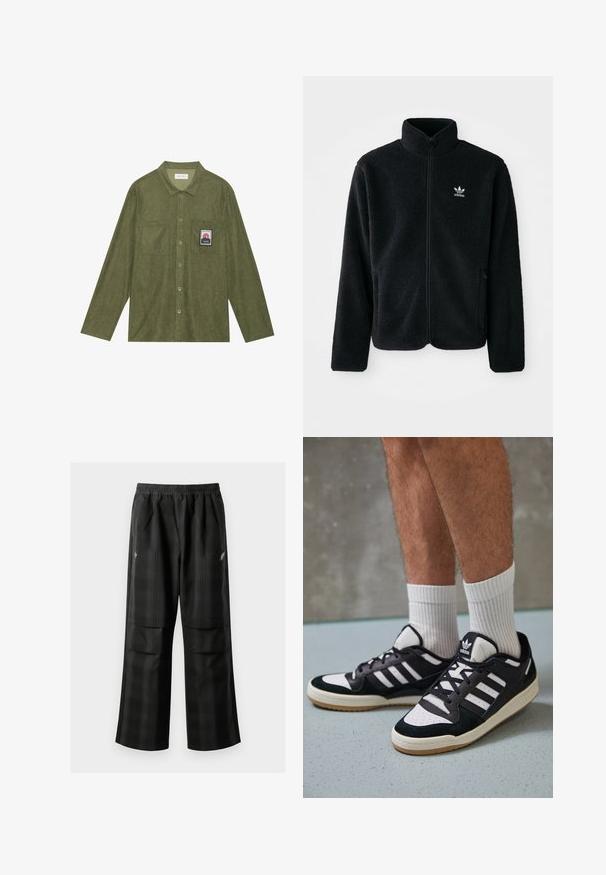Crna fleec jakna s visokim ovratnikom, prednjim zatvaračem i prednjim džepovima. Ima teksturirani materijal i mali bijeli logo na lijevoj strani prsnog koša.; Maslinasto zelena korduroy košulja dugih rukava, s kopčanjem na gumbe, dva džepa na prsima i zakrpa s grafikom planine na lijevom džepu.; Crne karirane hlače s elastičnom urezom, dva prednja džepa i ležernim krojem s ravnim nogavicama. Izrađene su od laganog materijala.; Crne i bijele tenisice s gornjim dijelom od antilopa i kože, s tri bijele pruge, perforiranim prstom i gumiranim potplatom.