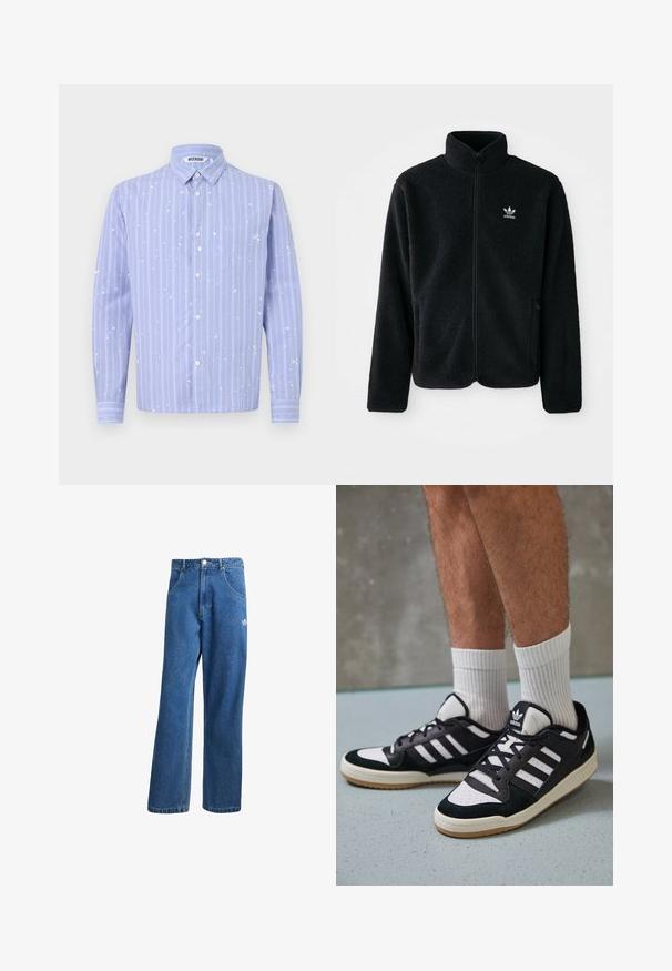 Svart fleecejakke med høy krage, glidelås foran og frontlommer. Har strukturert stoff og liten hvit logo på venstre bryst.; Lys blå knapp-op skjorte med hvite vertikale striper og malingssprutdetaljer. Har krage og lange ermer.; Blå høyhalsede vide denimjeans med frontlommer, belteholdere, knappelukking og liten Adidas-logo på høyre lår.; Sorte og hvite sneakers med overdel i semsket skinn og lær, med tre hvite striper, perforert tå og en såle av gummi.