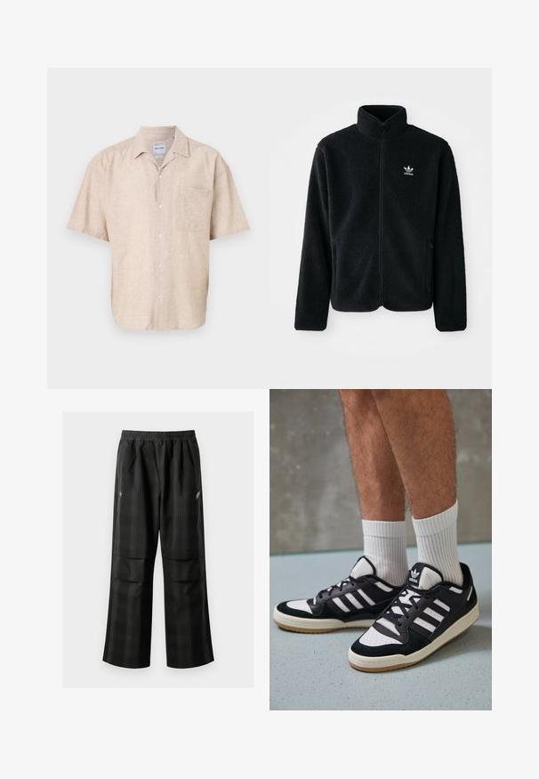 Must värviline fleecedee peasärk kõrge kraega, tõmblukuga esiosa ja esikotid. Omab tekstuuriga kangast ja väikest valget logo vasakul rinnal.; Lühikeste varrukatega nööbiga särk beežist linasegusest kangast, millel on rinnatasku, peen tekstuur ja klassikaline krae disain.; Mustas ruudulised püksid, millel on elastne vöökoht, kaks esimest taskut ja laiem lõige sirge jala disainiga. Valmistatud kergest materjalist.; Mustvalged ja valged spordijalatsid, mille pealmine osa on valmistatud suede'ist ja nahast. Kingadel on kolm valget riba, auguline varvas ja kummist tald.