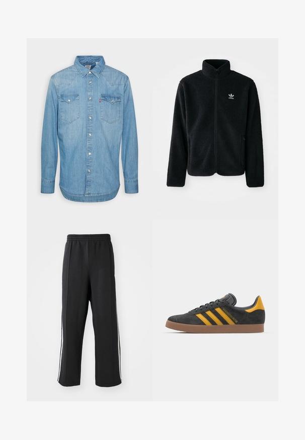 Giacca in pile nera con colletto alto, chiusura zip frontale e tasche anteriori. Presenta un tessuto testurizzato e un piccolo logo bianco sul lato sinistro del petto.; Camicia di jeans azzurro chiaro con maniche lunghe, colletto a punta e due tasche sul petto. Presenta chiusura con bottoni e orlo curvo.; Pantaloni da jogging neri con elastico in vita, dotati di strisce bianche sui lati e vestibilità comoda. Realizzati in tessuto morbido e elastico.; Sneaker in suede nero con dettagli gialli, dotato di tre strisce e una suola in gomma marrone. Include una linguetta imbottita per il comfort.