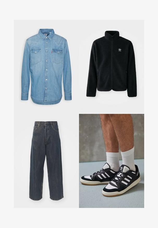 Svart fleecejakke med høy krage, glidelås foran og frontlommer. Har strukturert stoff og liten hvit logo på venstre bryst.; Lys blå denimskjorte med lange ermer, spiss krage og to brystlommer. Har knappelukking og buet kant.; Bredde ben mørkeblå denimjeans med subtil slitt tekstur, fem lommer, og en klassisk knapp- og glidelås-feste i livet.; Sorte og hvite sneakers med overdel i semsket skinn og lær, med tre hvite striper, perforert tå og en såle av gummi.