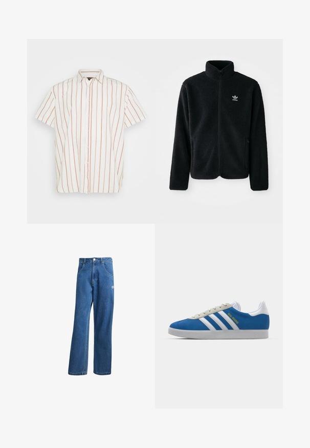 Musta fleece-takki, jossa on korkea kaulus, vetoketjusuljenta ja etutaskut. Käyttää teksturoitua kangasta ja siinä on pieni valkoinen logo vasemmassa rinnassa.; Lyhyttakkinen, napitettavissa oleva paita valkoisesta kankaasta, jossa on kapeita pystysuoria punaisia raitoja. Klassinen kaulus ja suora helmakuvio.; Siniset korkeavyötäröiset leveälahkeiset farkut, joissa on etupussit, vyölenkit, napitus ja pieni Adidas-logo oikeassa reidessä.; adidas Originals ADIDAS GAZELLE SHOES - Sisäjalkapallokengät - real madrid/bluebird/footwear white/crew yellow
