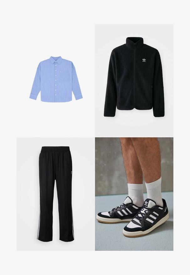 Chupa de forro polar negro con cuello alto, cierre frontal y bolsillos delanteros. Presenta tela texturizada y un pequeño logo blanco en el lado izquierdo del pecho.; Camisa de rayas azul con mangas largas, cierre de botones y un bolsillo en el pecho. Presenta rayas verticales estrechas en diferentes tonos de azul.; Pantalones deportivos negros con cintura elástica, que presentan rayas laterales blancas y un pequeño logotipo. El material parece suave y ligero.; Zapatillas en blanco y negro con parte superior de ante y cuero, que presentan tres franjas blancas, una puntera perforada y una suela de goma.