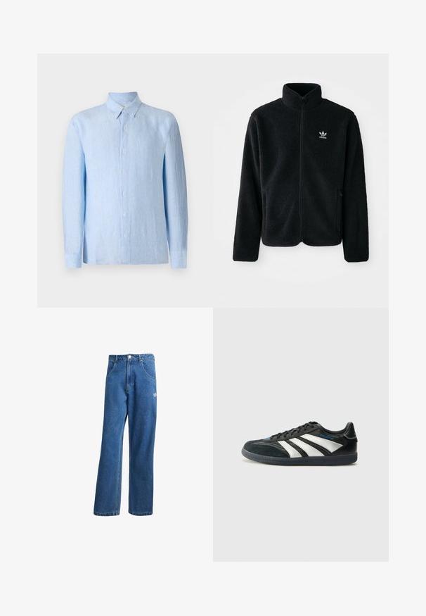 Crna fleec jakna s visokim ovratnikom, prednjim zatvaračem i prednjim džepovima. Ima teksturirani materijal i mali bijeli logo na lijevoj strani prsnog koša.; Svijetloplava košulja dugih rukava s gumbima izrađena od teksturirane tkanine. Ima klasični ovratnik i prednji gumbasti otvor.; Plave farmerke visokog struka sa širokim nogavicama, prednjim džepovima, petljama za remen, zatvaranjem na dugme i malim Adidas logotipom na desnom bedrima.; adidas Performance PREDATOR FREESTYLE JUDE INDOOR FOOTBALL SHOES - Dvoranske nogometne kopačke - core black/silver-coloured/glory blue