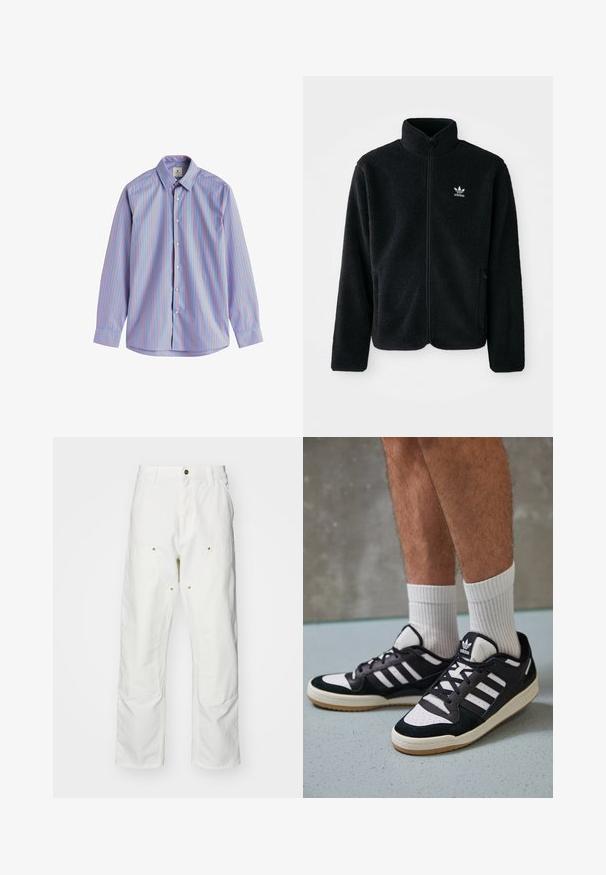 Melns flīsa mētelis ar augstu apkakli, ar rāvējslēdzēju priekšā un priekšējiem kabatām. Iezīmē ar teksturētu audumu un mazu baltu logo uz kreisā krūtīm.; Krekls ar garām piedurknēm, gaiši zils audums ar vertikālām sarkanām svītrām, standarta apkakle un pogu aizdare.; Baltas kokvilnas kargo bikses ar brīvu piegriezumu. Iezīmes ietver priekšējās kabatas, zeltītas detaļas un pastiprinātas ceļa daļas.; Melnas un baltas kedas ar zamša un ādas augšdaļu, kas aprīkotas ar trim baltām svītrām, perforētu purngali un gumijas zolēm.