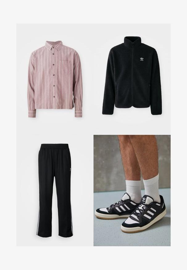 Casaco de fleece preto com gola alta, fecho de correr à frente e bolsos frontais. Apresenta um tecido texturizado e um pequeno logo branco no lado esquerdo do peito.; Camisa de botões às riscas vermelhas e brancas, com colarinho, mangas longas e um bolso frontal. Feita de um tecido texturizado com um acabamento suave.; Calças atléticas pretas com um cós elástico, apresentando riscas brancas laterais e um pequeno logótipo. O material parece macio e leve.; Ténis em preto e branco com upper em camurça e couro, apresentando três riscas brancas, um toe perfurado e uma sola em borracha de goma.