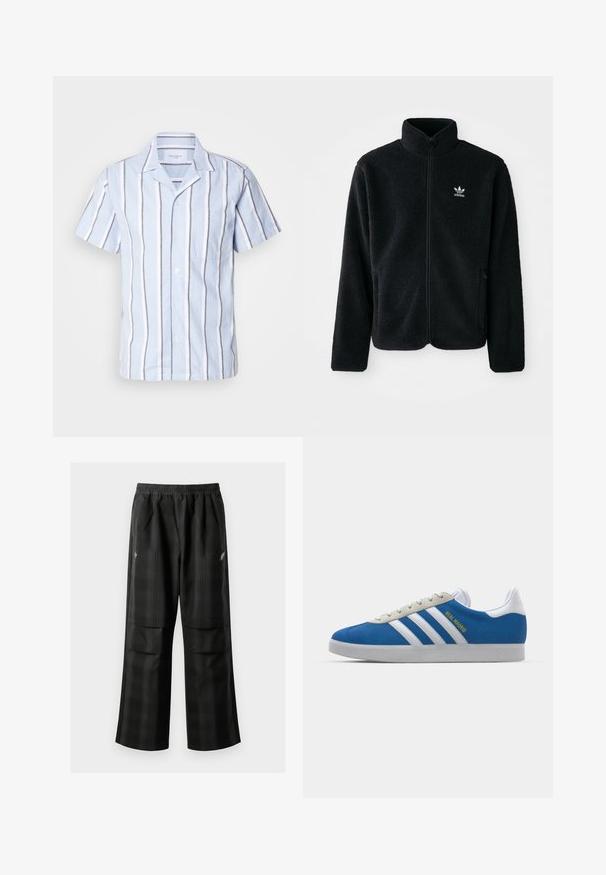 Juodas fliso džemperis su aukštu apykakle, užtrauktuku priekyje ir priekinėmis kišenėmis. Ypatybės: tekstūruota medžiaga ir mažas baltas logotipas kairėje krūtinės pusėje.; Šviesiai mėlynas trumpomis rankovėmis marškinėliai su vertikaliomis baltomis ir pilkomis juostelėmis, turintys apykaklę ir krūtinės kišenę. Medžiaga tekstūruota.; Juodos languotos kelnės su elastingu juosmeniu, dviem priekinėmis kišenėmis ir laisvu tiesiu kirpimu. Pagamintos iš lengvos medžiagos.; adidas Originals ADIDAS GAZELLE SHOES - Salės futbolo bateliai - real madrid/bluebird/footwear white/crew yellow