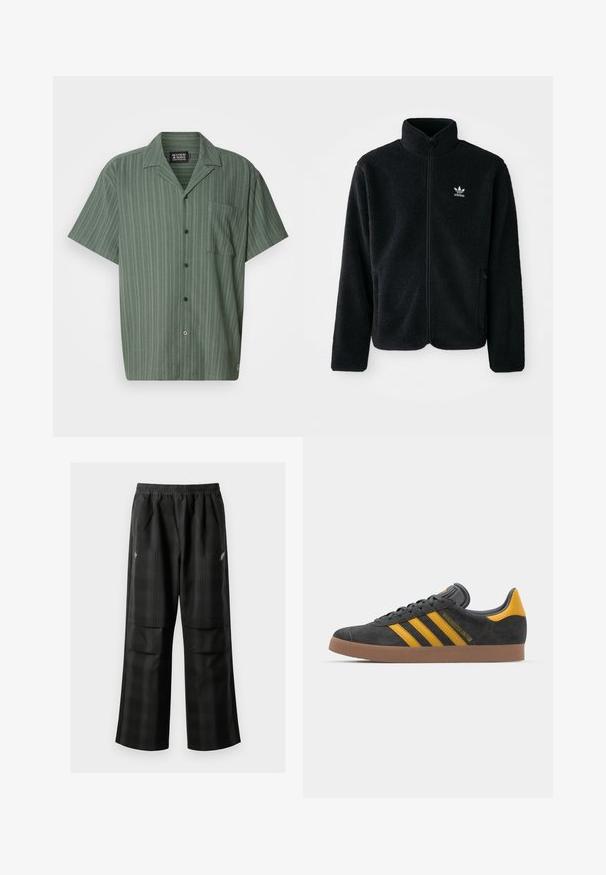 Svart fleecejacka med hög krage, blixtlås fram och framfickor. Har strukturtyg och en liten vit logotyp på vänster bröst.; Kortärmad, grön skjorta med vertikala ränder, krage, framficka och knappstängning. Tillverkad av textil med struktur.; Svarta rutiga byxor med elastisk midja, två framfickor och en lös passform med rak bendesign. Tillverkade av lätt material.; Svart mockaskor med gula accenter, med tre ränder och en brun gummisula. Inkluderar en vadderad tunga för extra komfort.