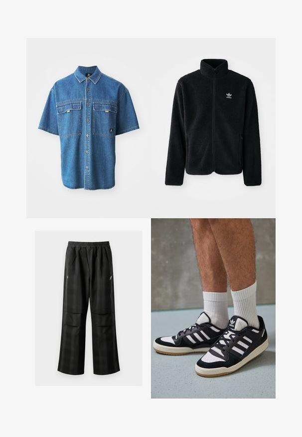 Černá fleecová bunda s vysokým límcem, předním zipem a předními kapsami. Disponuje strukturovanou tkaninou a malým bílým logem na levé hrudi.; Džínsová košile s krátkým rukávem ve světle modré barvě, s dvěma kapsami na prsou a klasickým límcem, se zřetelným švem a hnědými knoflíky.; Černé kostkované kalhoty s elastickým pasem, dvěma předními kapsami a volným střihem se rovnými nohavicemi. Vyrobeny z lehkého materiálu.; Černobílé tenisky s vrchní částí z semišové a kožené kůže, včetně tří bílých pruhů, perforovaného špičky a podrážky z gumy.