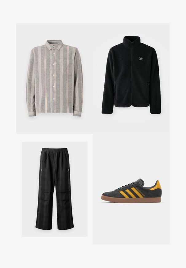 Giacca in pile nera con colletto alto, chiusura zip frontale e tasche anteriori. Presenta un tessuto testurizzato e un piccolo logo bianco sul lato sinistro del petto.; Camicia a maniche lunghe grigia con bottoni e righe verticali in grigio chiaro e rosa. Presenta una tasca sul petto e una texture morbida.; Pantaloni a quadri neri con vita elasticizzata, due tasche frontali e una vestibilità ampia con design a gamba dritta. Realizzati in materiale leggero.; Sneaker in suede nero con dettagli gialli, dotato di tre strisce e una suola in gomma marrone. Include una linguetta imbottita per il comfort.