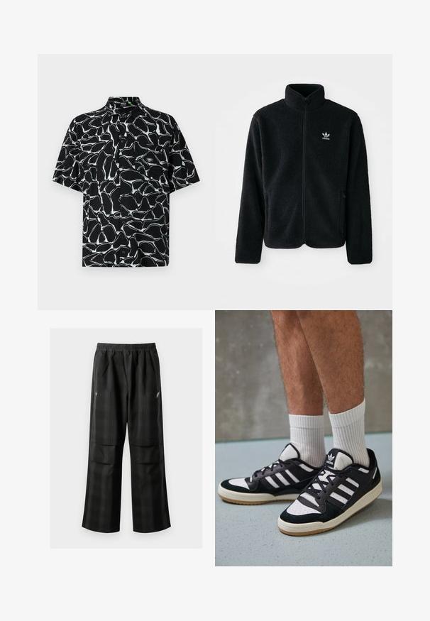 Črna flis jakna z visokim ovratnikom, z zadrgo spredaj in sprednjimi žepi. Ima strukturno blago in majhno belo logo na levi strani prsnega koša.; Črna majica s kratkimi rokavi z belim abstraktnim vzorcem, z gumbi spredaj in majhnim izvezenim logotipom na žepu na prsih.; Črne karirane hlače z elastičnim pasom, dvema sprednjima žepoma in ohlapnim krojem s pravimi nogavicami. Narejene so iz lahke tkanine.; Črno-bele superge z zgornjim delom iz usnja in nubuka, ki imajo tri bele črte, perforiran vrh prstov in podplat iz gume.