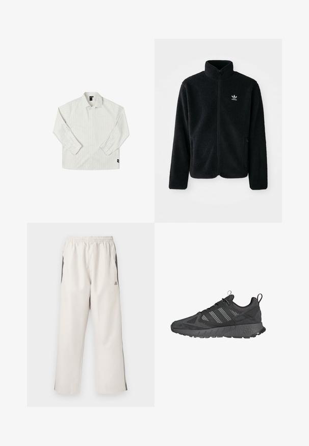 Juodas fliso džemperis su aukštu apykakle, užtrauktuku priekyje ir priekinėmis kišenėmis. Ypatybės: tekstūruota medžiaga ir mažas baltas logotipas kairėje krūtinės pusėje.; Former ANDERSON - Marškiniai - beige; Šviesiai smėlinės spalvos treniruočių kelnės su elastingu juosmeniu, šoninėmis kišenėmis, juodomis šoninėmis juostelėmis ir Adidas logotipu ant kairiojo šlaunies. Lygus audinio paviršius.; Juodos sportinės bateliai su tinkline ir zomšine viršūne, tekstūruotu gumo padu, paminkštintu kraštu ir išskirtiniu trijų juostų dizainu pilkoje spalvoje.
