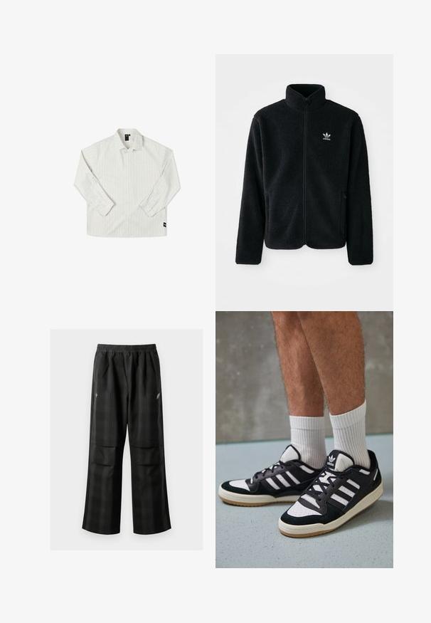 Giacca in pile nera con colletto alto, chiusura zip frontale e tasche anteriori. Presenta un tessuto testurizzato e un piccolo logo bianco sul lato sinistro del petto.; Former ANDERSON - Camicia - beige; Pantaloni a quadri neri con vita elasticizzata, due tasche frontali e una vestibilità ampia con design a gamba dritta. Realizzati in materiale leggero.; Sneaker bianco e nero con tomaia in suede e pelle, caratterizzati da tre strisce bianche, punta perforata e suola in gomma naturale.
