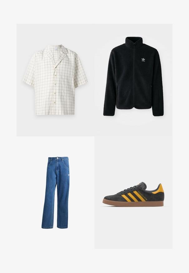 Fekete bolyhos dzseki magas gallérral, cipzáros elejével és elülső zsebeivel. Texturált anyaga és kis fehér logója van a bal mellen.; Rövid ujjú póló világos bézs anyagból, rácsos mintával. Különleges gallérral rendelkezik és hét gombos záródással készült.; Kék, magas derekú, bő szárú farmernadrág elülső zsebekkel, övhurkokkal, gombos záródással és kicsi Adidas logóval a jobb combon.; Fekete velúrbőr sportcipő sárga díszítéssel, három csíkkal és barna gumitalppal. Párnázott nyelvével a kényelem érdekében.