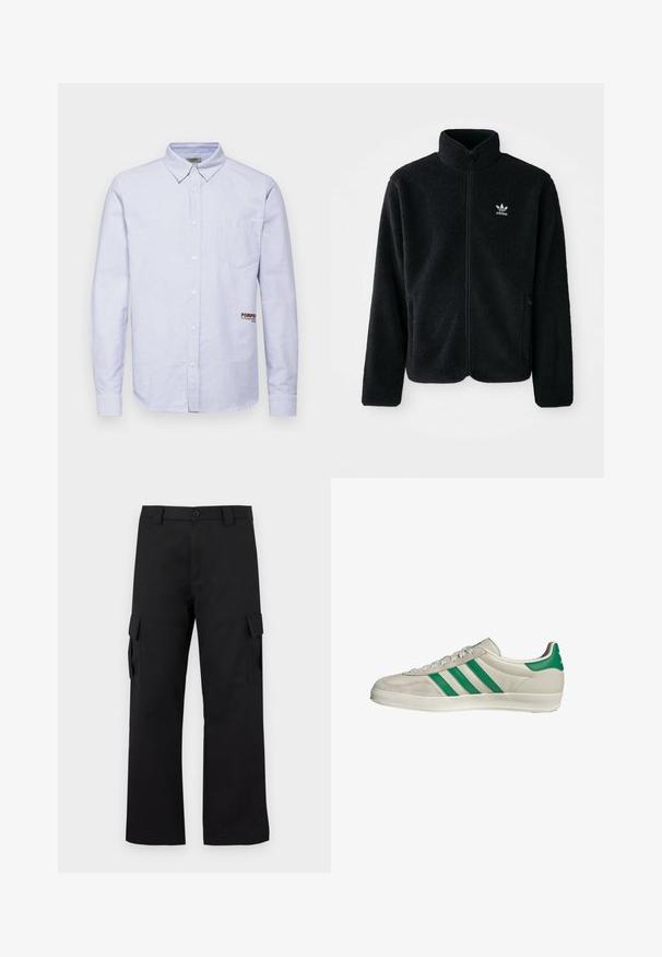 Zwarte fleece jacket met hoge kraag, ritssluiting aan de voorkant en voorzakken. Kenmerkt zich door textuurstof en een klein wit logo op de linkerborst.; Pompeii STRIPE SKY OXFORD SHORT - Overhemd - sky; Zwarte cargobroek met een recht gesneden ontwerp. Gemaakt van duurzaam materiaal, met twee zijzakken met klep en een knoopsluiting.; Beige sneaker met groene strepen, voorzien van een witte zool en een bovenkant van glad leer. Zijaanzicht dat de veters en het logo benadrukt.