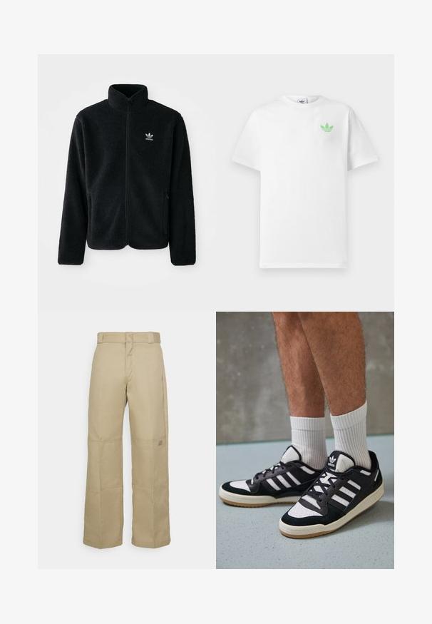 Black fleece jacket with high collar, zip front, and front pockets. Features textured fabric and small white logo on left chest.; White cotton t-shirt with short sleeves, featuring a small green Adidas logo on the left chest. Simple, classic design with a round neckline.; Beige wide-leg pants made of sturdy fabric, featuring a high waist, visible stitching, and a small logo patch on the side.; Black and white sneakers with a suede and leather upper, featuring three white stripes, a perforated toe, and a gum rubber sole.