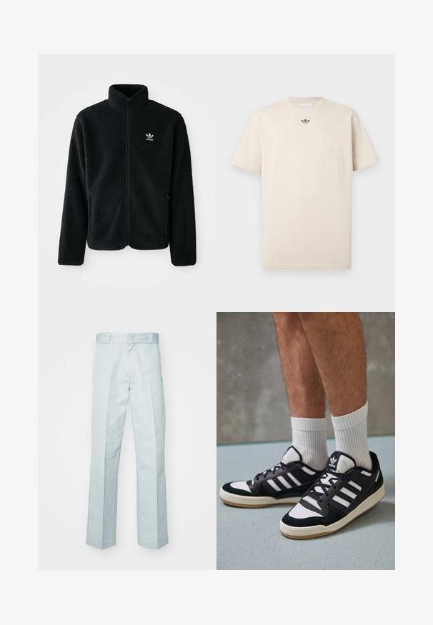 Zwarte fleece jacket met hoge kraag, ritssluiting aan de voorkant en voorzakken. Kenmerkt zich door textuurstof en een klein wit logo op de linkerborst.; Beige katoenen t-shirt met een ronde hals, korte mouwen en een klein donker logo op de borst. Gladde textuur en casual pasvorm.; Lichtblauwe katoenen broeken met een rechte pijp, voorzien van subtiele plooi lijnen en een gladde textuur, afgewerkt met een standaard tailleband.; Zwart-witte sneakers met een bovenwerk van suede en leer, voorzien van drie witte strepen, een geperforeerde neus en een rubberen gumzool.