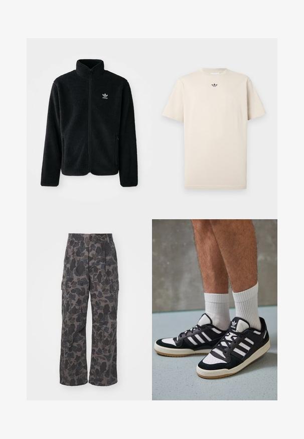 Casaco de fleece preto com gola alta, fecho de correr à frente e bolsos frontais. Apresenta um tecido texturizado e um pequeno logo branco no lado esquerdo do peito.; T-shirt de algodão bege com decote redondo, mangas curtas e um pequeno logo escuro no peito. Textura suave e ajuste casual.; Calças cargo em cinza escuro com padrão de camuflagem, apresentando um corte relaxado, fecho com botão e bolsos laterais para armazenamento.; Ténis em preto e branco com upper em camurça e couro, apresentando três riscas brancas, um toe perfurado e uma sola em borracha de goma.