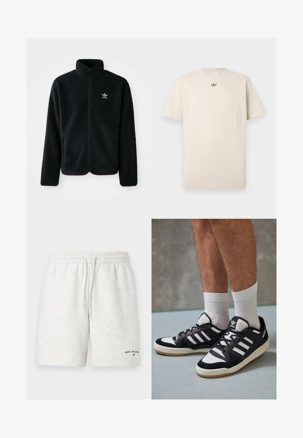 Must värviline fleecedee peasärk kõrge kraega, tõmblukuga esiosa ja esikotid. Omab tekstuuriga kangast ja väikest valget logo vasakul rinnal.; Beež puuvillane T-särk ringkraega, lühikeste varrukatega ja väike tumedat tooni logo rinnal. Sile tekstuur ja lõdva lõikega.; Heledad hallid spordishortsid, mis on valmistatud puuvillasegust. Elastne vöökoht koos nööriga. Sinise „New Balance“ logo on väikese suurusega.; Mustvalged ja valged spordijalatsid, mille pealmine osa on valmistatud suede'ist ja nahast. Kingadel on kolm valget riba, auguline varvas ja kummist tald.