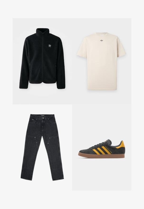 Crna fleec jakna s visokim ovratnikom, prednjim zatvaračem i prednjim džepovima. Ima teksturirani materijal i mali bijeli logo na lijevoj strani prsnog koša.; Bež pamutna majica s kratkim rukavima i okruglim izrezom, s malim tamnim logotipom na prsima. Glatka tekstura i ležeran kroj.; Pegador VINTO CARPENTER - Stolarske traperice - washed black; Crne nubuk tenisice s žutim detaljima, sa tri pruge i smešnim gumenim potplatom. Imaju jastučić na jeziku za udobnost.