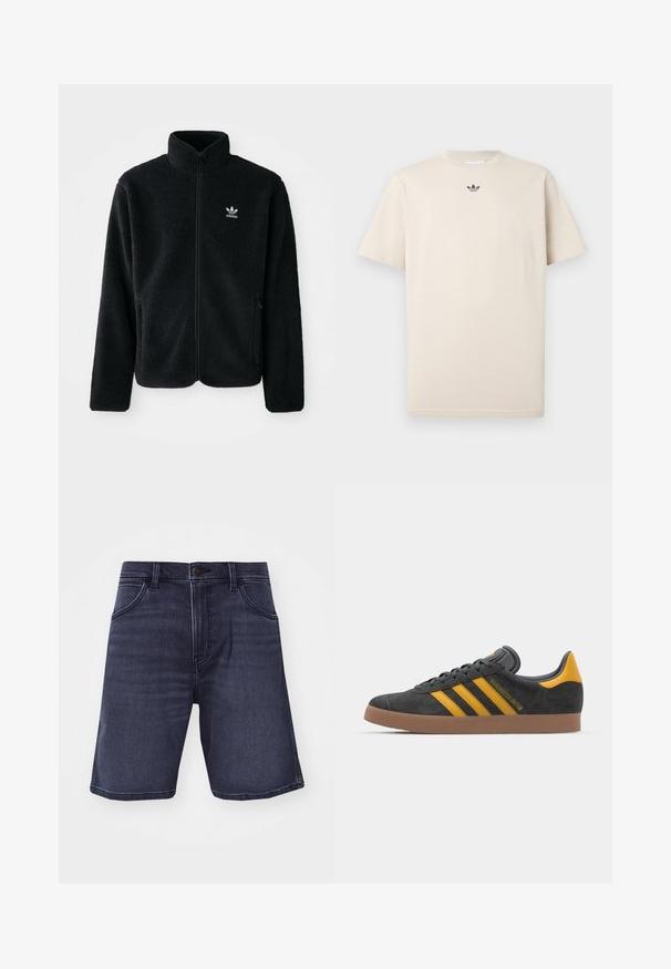 Čierna fleecová bunda s vysokým golierom, zipsom na prednej strane a prednými vreckami. Obsahuje textúrovanú tkaninu a malé biele logo na ľavej hrudi.; Béžové bavlnené tričko s okrúhlym výstrihom, krátkymi rukávmi a malým tmavým logom na hrudi. Hladká textúra a voľný strih.; Džínové šortky v tmavom indigovom odtieni so rovnym strihom, piatimi vreckami a zapínaním na gombík. Majú jemné predžehlenie a detaily prešitia.; Čierne semišové tenisky so žltými akcentmi, ktoré majú tri pruhy a hnedú gumovú podrážku. Obsahujú vypolstrovaný jazyk pre pohodlie.
