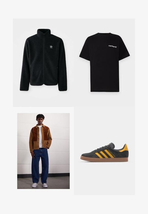 Black fleece jacket with high collar, zip front, and front pockets. Features textured fabric and small white logo on left chest.; Black cotton t-shirt with short sleeves, crew neckline, and white "Carhartt" logo on the left chest. Smooth texture, minimal design.; Man standing indoors wearing a brown corduroy jacket with rust patches, white t-shirt, loose blue jeans, and white sneakers.; Black suede sneaker with yellow accents, featuring three stripes and a brown rubber sole. Includes a padded tongue for comfort.