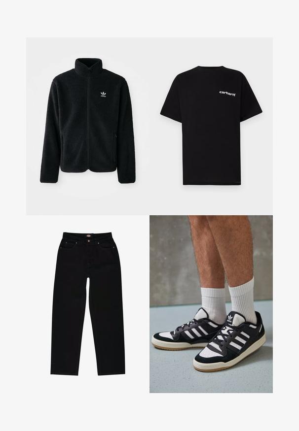 Casaco de fleece preto com gola alta, fecho de correr à frente e bolsos frontais. Apresenta um tecido texturizado e um pequeno logo branco no lado esquerdo do peito.; T-shirt preta de algodão com mangas curtas, decote redondo e logótipo branco "Carhartt" no peito esquerdo. Textura suave, design minimalista.; Jeans de ganga pretos com um corte reto, apresentando cinco bolsos, costura castanha e fecho de zip. Textura suave e material durável.; Ténis em preto e branco com upper em camurça e couro, apresentando três riscas brancas, um toe perfurado e uma sola em borracha de goma.