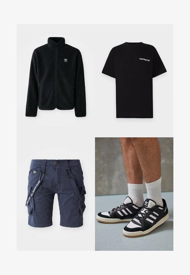 Musta fleece-takki, jossa on korkea kaulus, vetoketjusuljenta ja etutaskut. Käyttää teksturoitua kangasta ja siinä on pieni valkoinen logo vasemmassa rinnassa.; Musta puuvillainen t-paita, jossa on lyhyet hihat, pyöreä pääntie ja valkoinen "Carhartt"-logo vasemmassa rinnassa. Sileä pinta, minimalistinen design.; Tummansinisen väriset cargo-shortsit, jotka on valmistettu puuvillasekoitteesta ja joissa on useita taskuja, säädettävät hihnat sekä kudottu etiketti tekstiakenteilla.; Valkoiset ja mustat tennarit, joissa on mokkanahka- ja nahkapäällinen, kolme valkoista raitaa, rei'itetty kärki ja kumipohja.