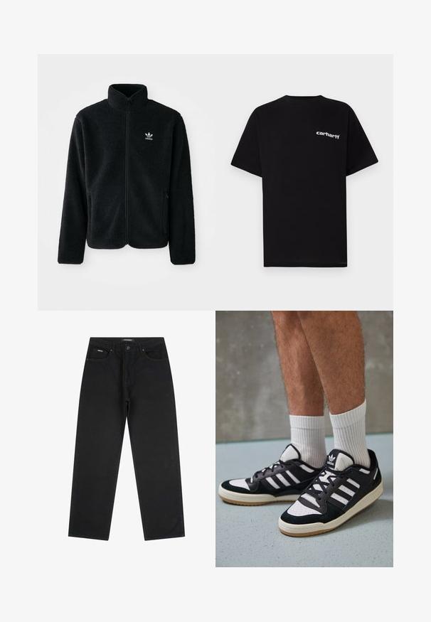 Black fleece jacket with high collar, zip front, and front pockets. Features textured fabric and small white logo on left chest.; Black cotton t-shirt with short sleeves, crew neckline, and white "Carhartt" logo on the left chest. Smooth texture, minimal design.; Black straight-leg jeans with front button and zipper, belt loops, and five-pocket design, laid flat on a white background.; Black and white sneakers with a suede and leather upper, featuring three white stripes, a perforated toe, and a gum rubber sole.